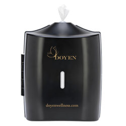 Wall-mounted gym wipes dispenser in black and white for gyms in UAE and Middle East