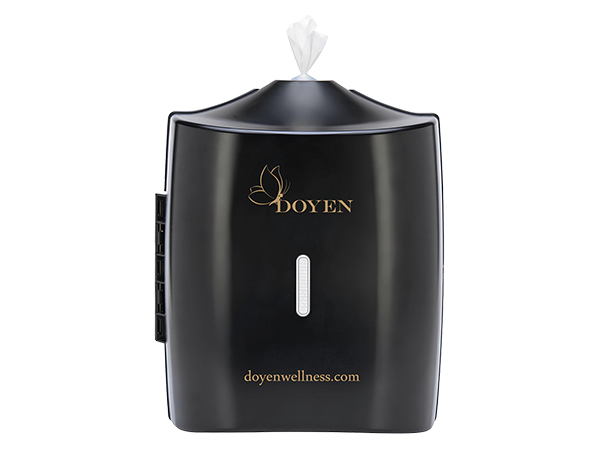 Wall-mounted gym wipes dispenser in black and white for gyms in UAE and Middle East
