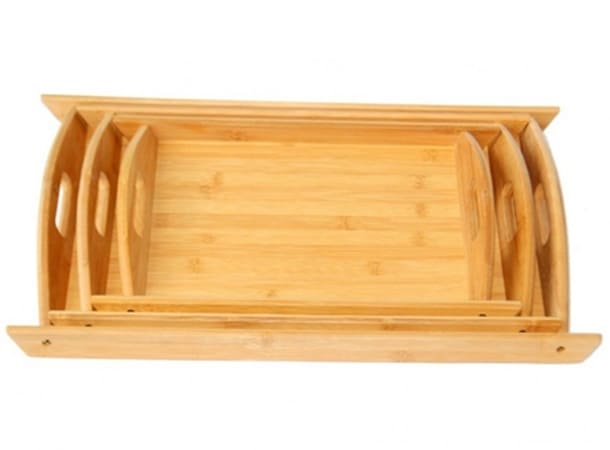 Set of 3 rustic wooden serving trays with handles in natural brown for UAE and GCC