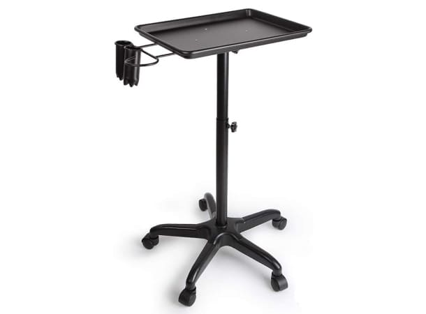 Black aluminum spa salon rolling tray cart with adjustable height, available in UAE & GCC