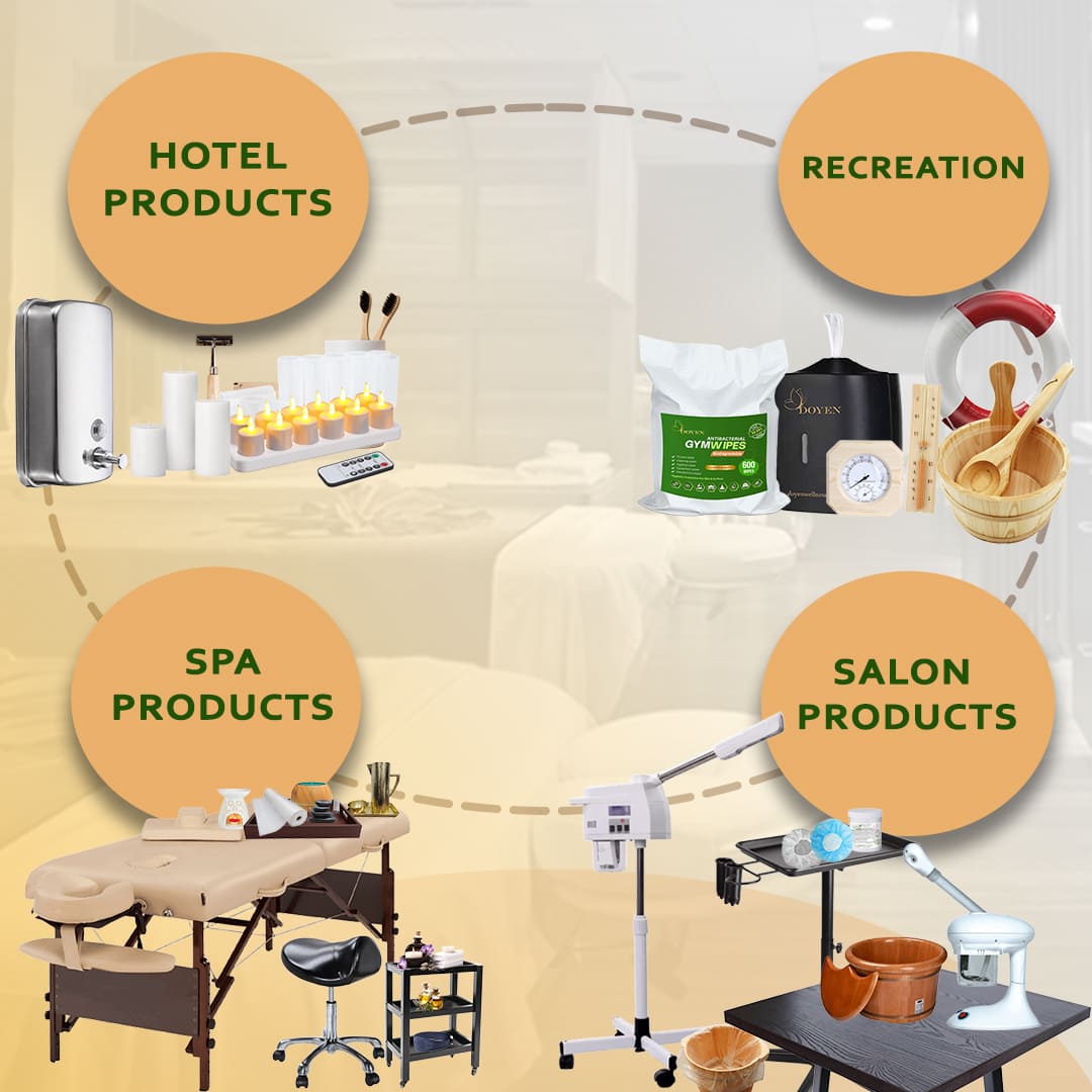 Spa products supplier in Abu Dhabi providing massage tables, oils, disposables, hotel amenities, gym wipes, sauna and pool accessories.