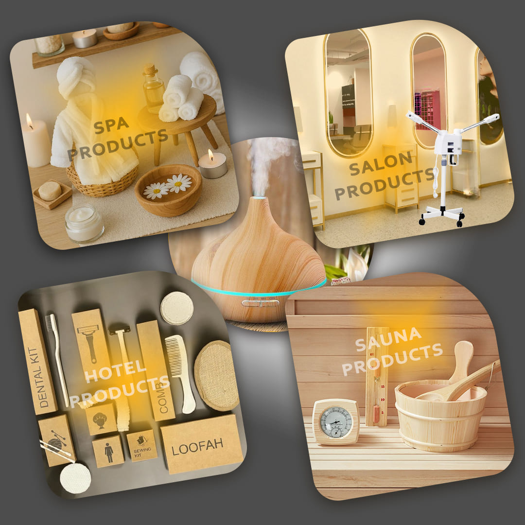 Spa products supplier in Al Ain offering massage tables, spa oils, salon furniture, disposables, hotel amenities, gym wipes, sauna sets, and pool accessories.