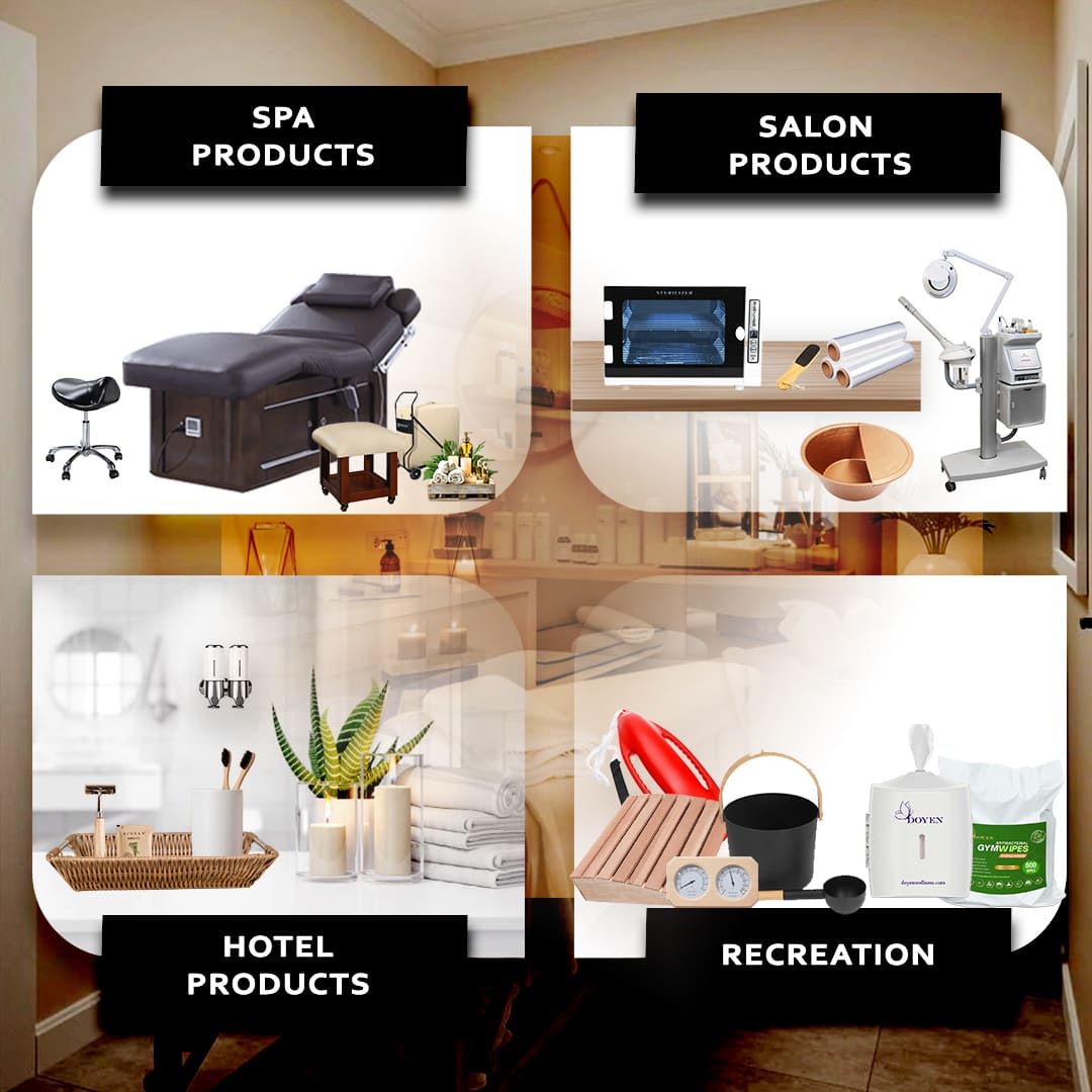 Spa products supplier in Dubai offering massage tables, salon furniture, disposables, hotel amenities, sauna sets, pool accessories, and gym wipes.