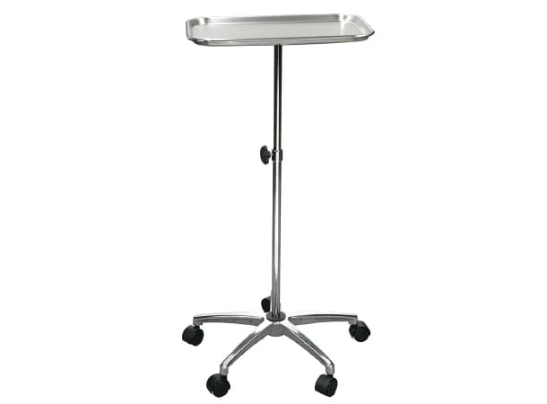 Adjustable stainless steel Mayo medical trolley with removable tray and five wheels for spa, salon, and clinic use in UAE & GCC.