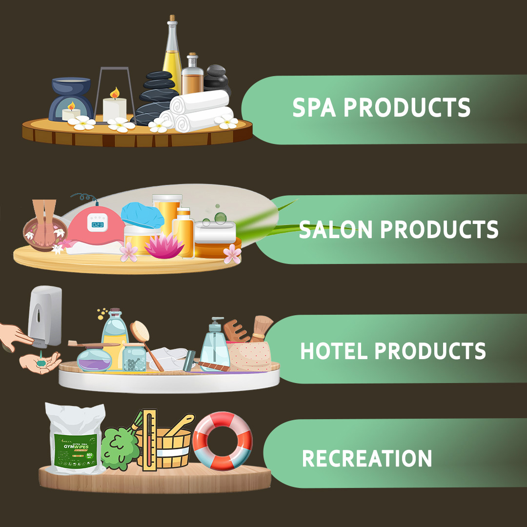 Spa products supplier in Sharjah offering massage tables, spa oils, salon accessories, hotel amenities, sauna products, pool essentials, and gym wipes.
