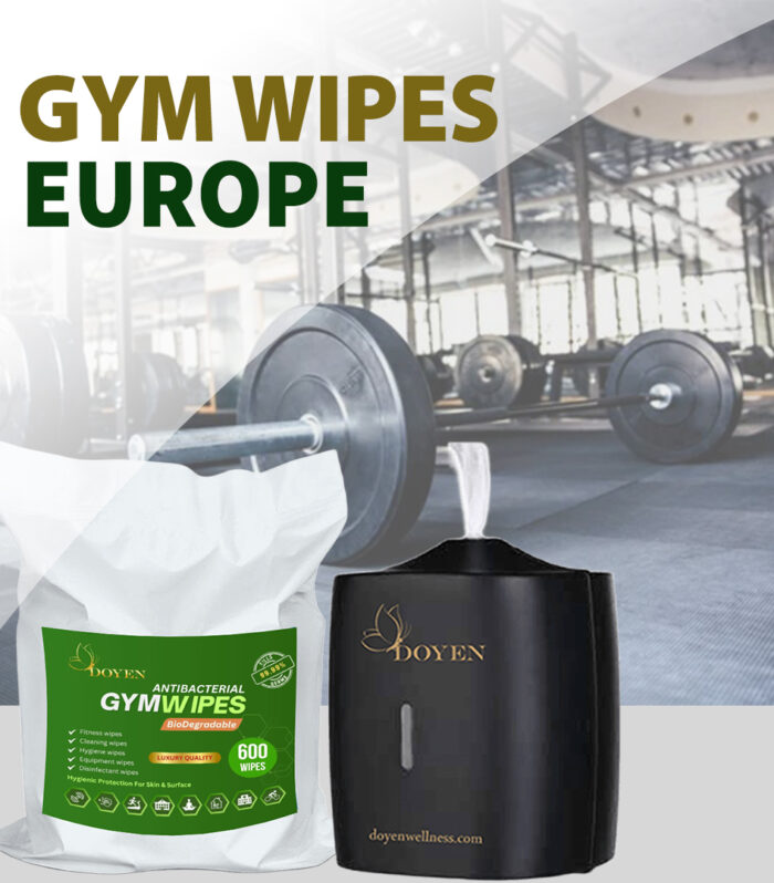 Biodegradable gym wipes dispenser in a modern European fitness center