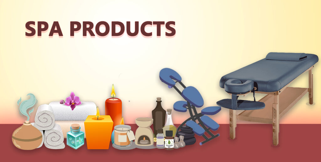 Massage bed, portable massage table, bottles of massage oils, and disposable spa products displayed together and fast delivery to UAE, Seychelles, Maldives, Mauritius, Bahrain, Kuwait, Oman, Qatar, Saudi Arabia , Middle East and European Countries