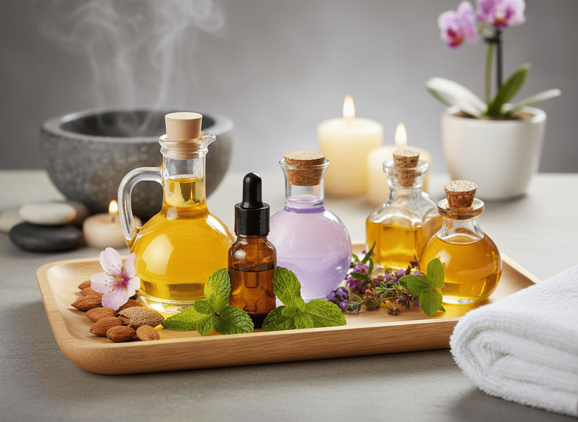 Premium massage oils including lavender, sandalwood, coconut, almond, and essential oil blends for professional spas, salons, and wellness centers across UAE, GCC, Europe, and Africa