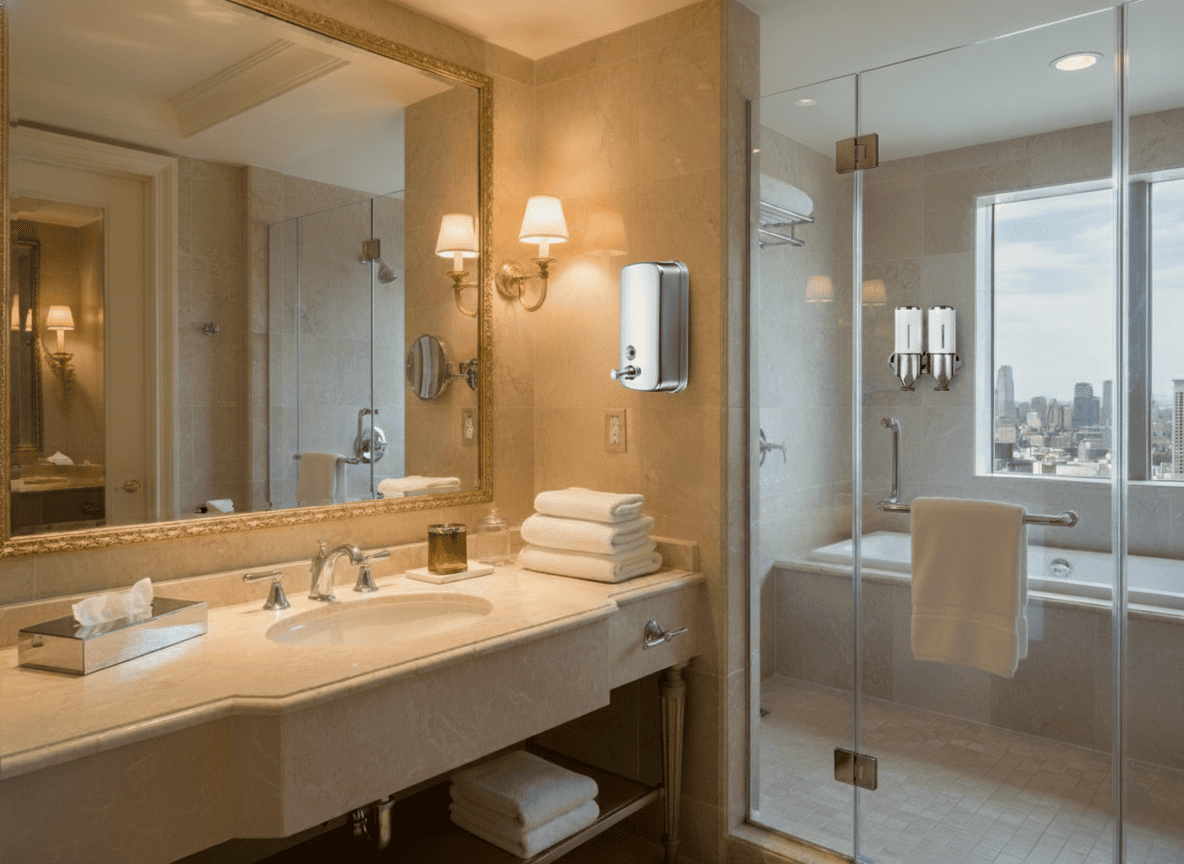 Hotel and hospitality products by Doyen Wellness including automatic sanitizer dispensers, disposable coveralls, face shields, prayer mats, soap dispensers, and napkin boxes for hotels and guest accommodations in UAE, GCC, Middle East, Africa, and international markets