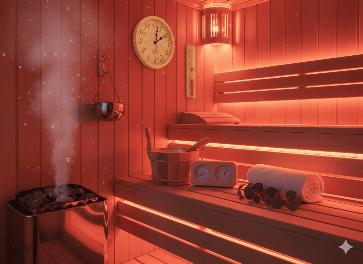 High-quality sauna accessories including cedar wood bucket, ladle, sauna clock, sand timer, essential oil cup, and sauna milk by Doyen Wellness