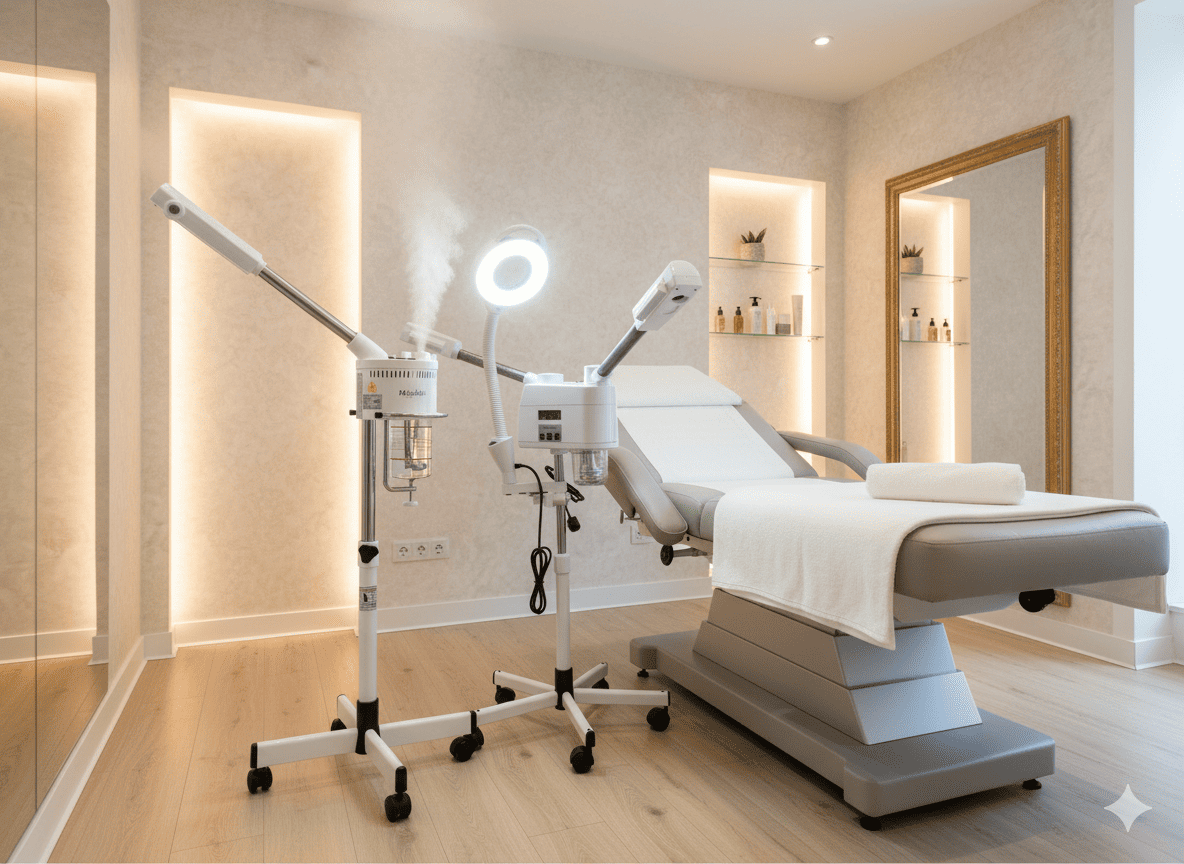 Complete range of professional salon equipment including facial steamers, nail polish dryers, wax warmers, sterilizers, chairs, trolleys, and salon accessories for UAE, GCC, African, and European salons.