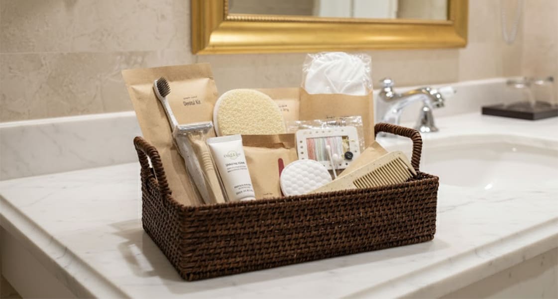 Eco-friendly hotel amenities by Doyen Wellness including sewing kit, shaving kit, comb, dental kit, vanity kit, loofah, shower cap, sanitary bag, and shoe mitt for UAE and international hotels