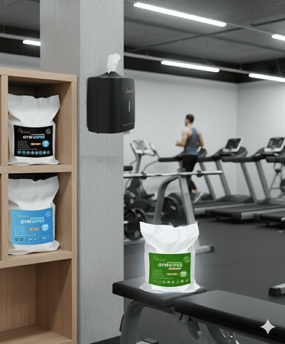 Antibacterial biodegradable gym wipes and wall-mounted dispensers for fitness centers, gyms, and wellness spaces by Doyen Wellness