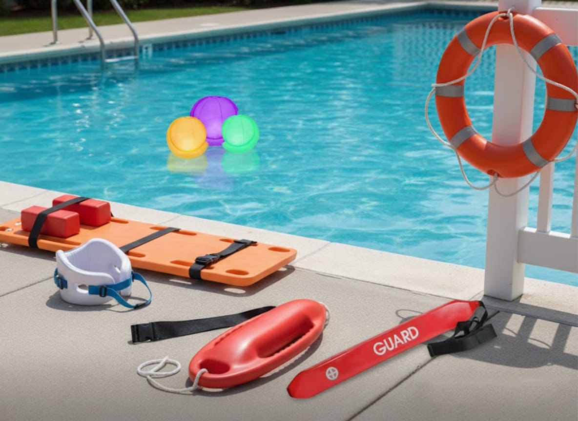 Pool safety and decorative accessories including LED floating balls, life buoys, and lifeguard equipment by Doyen Wellness