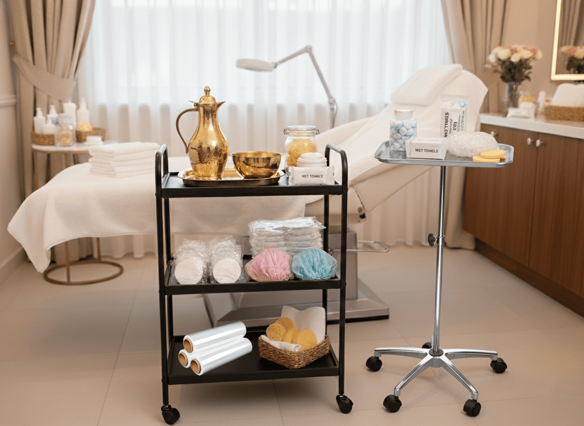 High-quality salon disposables including wet towels, facial sponges, wax rolls, cotton pads, hairnets, shower caps, and spa body wraps supplied by Doyen Wellness across UAE, GCC, African, and European markets.
