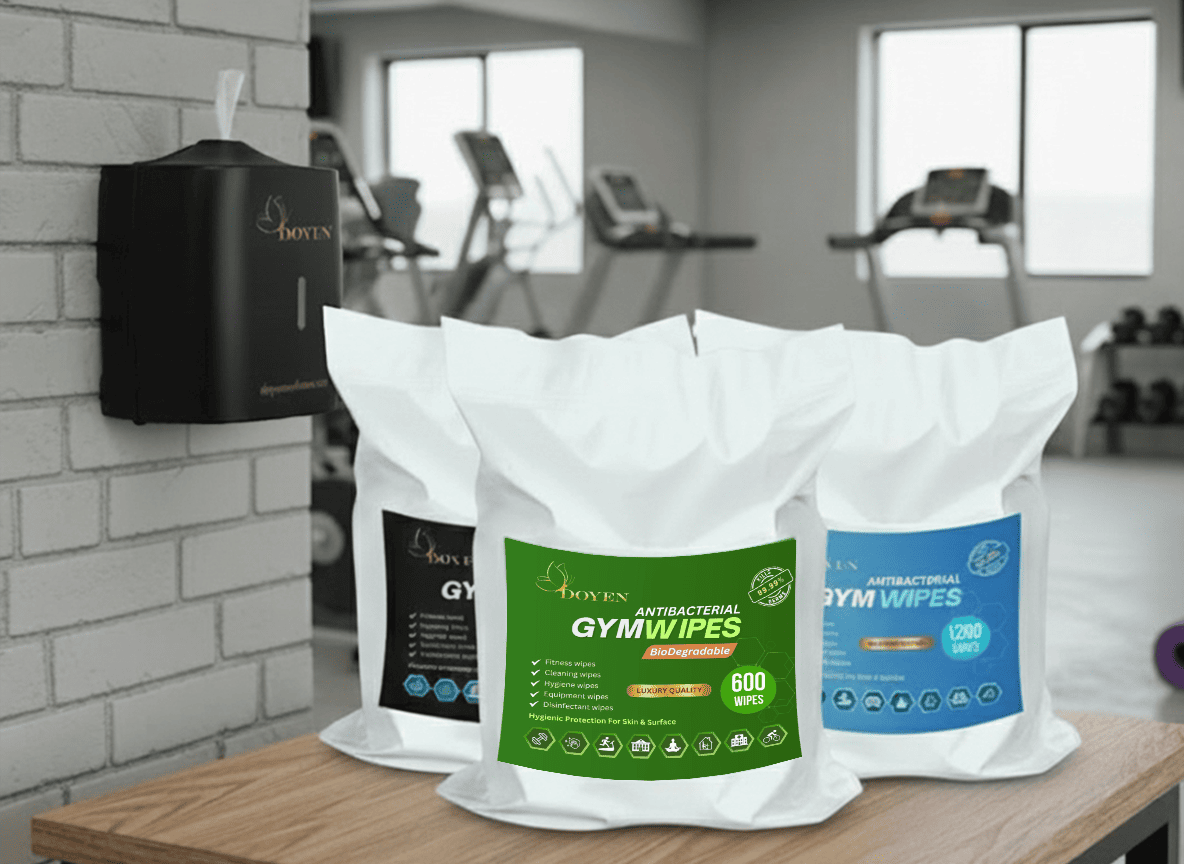 Antibacterial gym wipes and wall-mounted dispenser for fitness centers in UAE, GCC, and Middle East